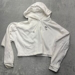 Adidas White Cropped Hoodie Rhinestone Sleeve Trefoil Logo Women's XS